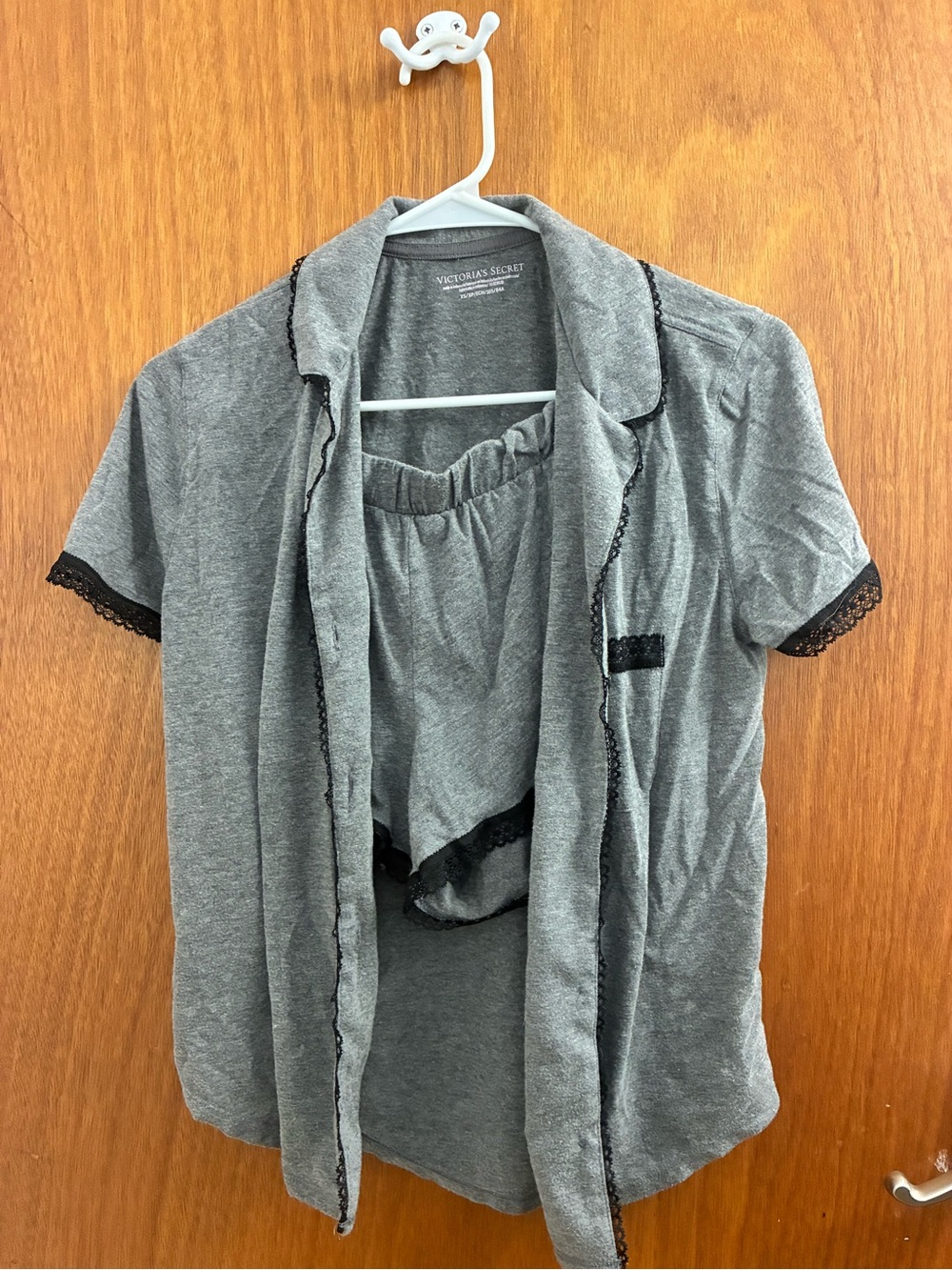 Victoria's Secret Gray Short-Sleeve Pajama Top with Black Lace Trim